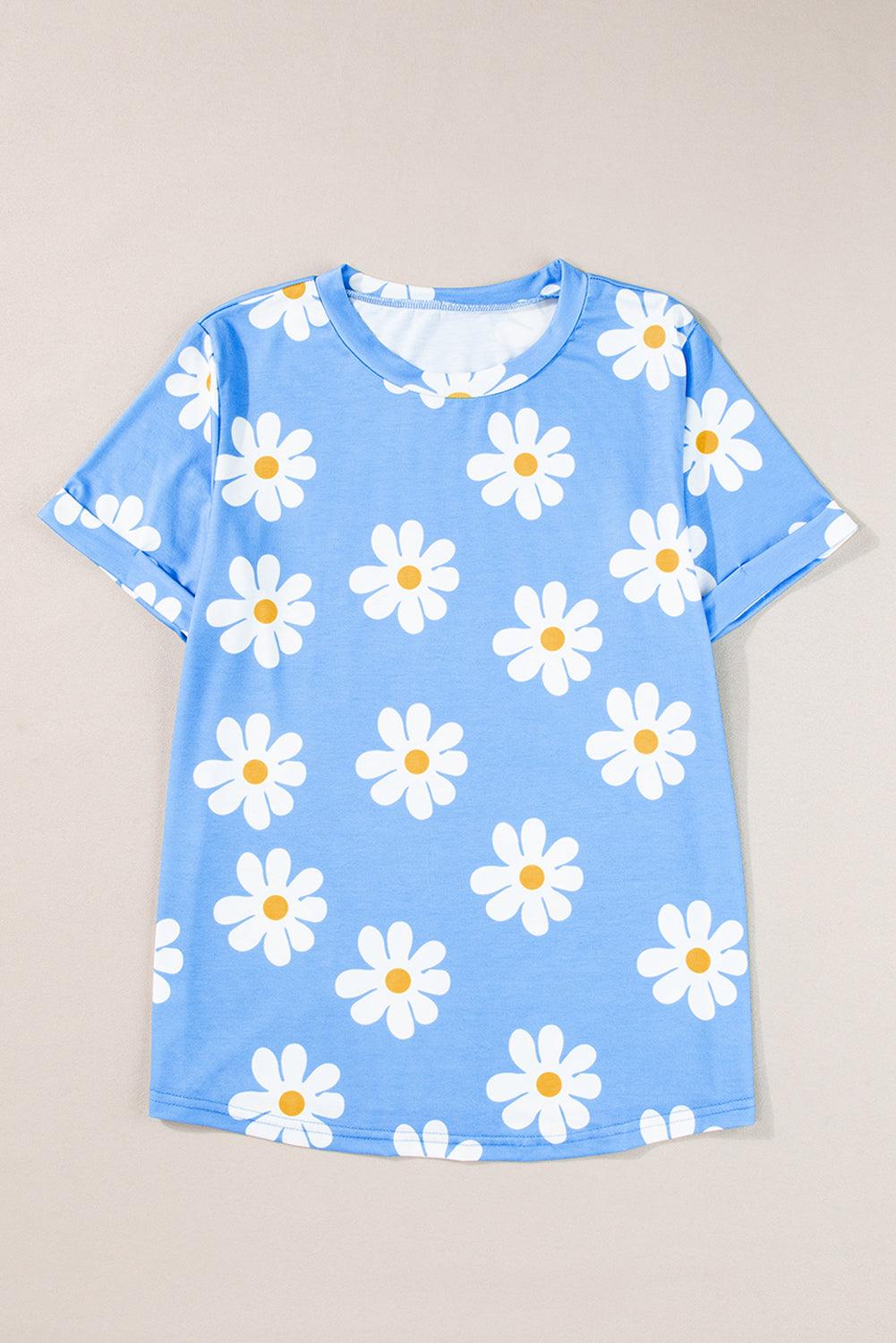 Sky Blue Daisy Print Crewneck T Shirt - The Fair Lady Shop