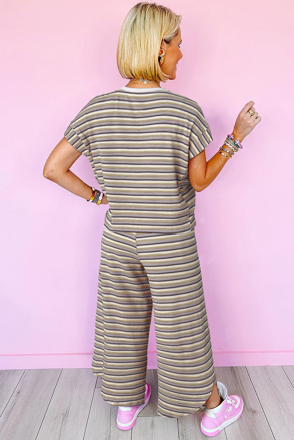 Yellow Stripe Rainbow Tee and Tassel Drawstring Wide Leg Pants Set - The Fair Lady Shop