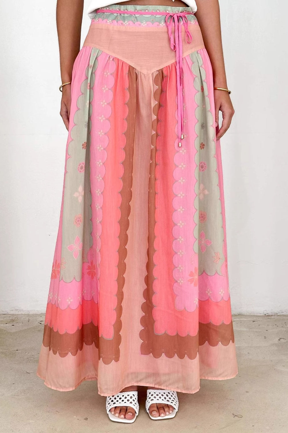 Pink Floral Colorblock Tie High Waist Maxi Skirt - The Fair Lady Shop