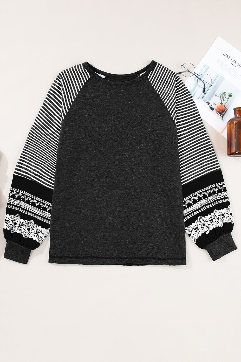 Black Contrast Print Striped Raglan Long Sleeve Loose Top