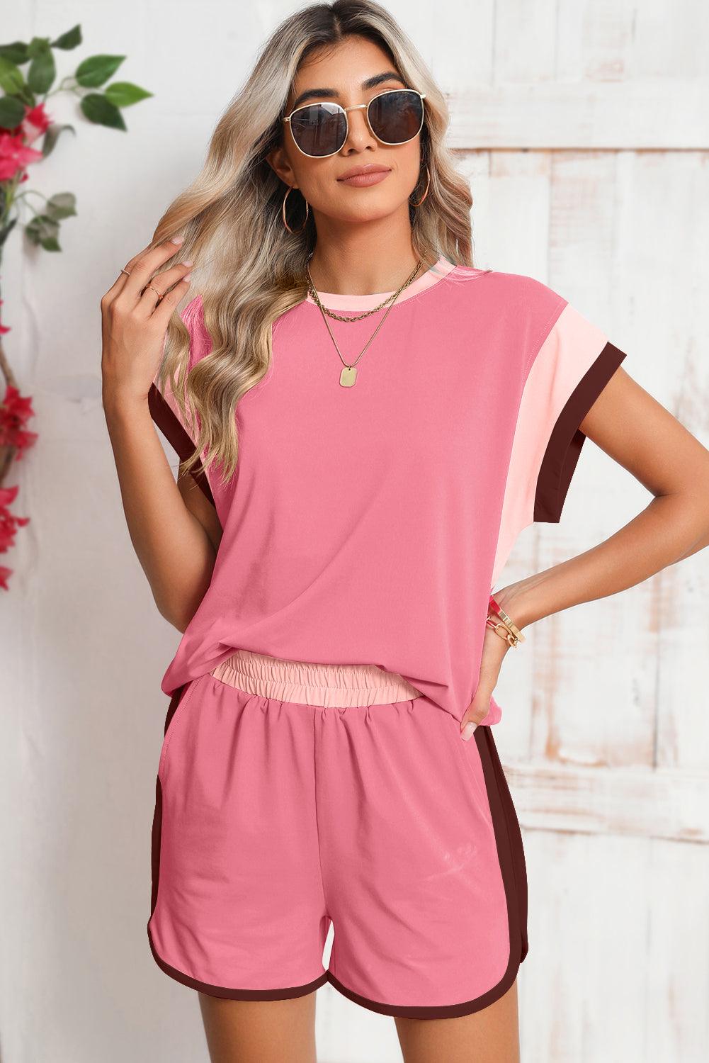 Peach Blossom Color Block Loose Fit Top & Elastic Waist Shorts Set - The Fair Lady Shop