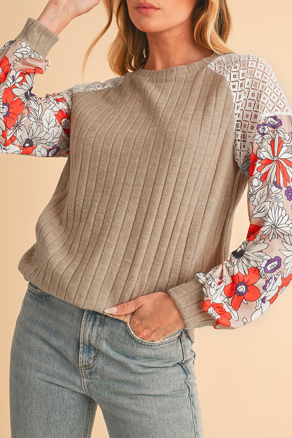 Parchment Floral Patchwork Raglan Sleeve Ribbed Blouse - The Fair Lady Shop