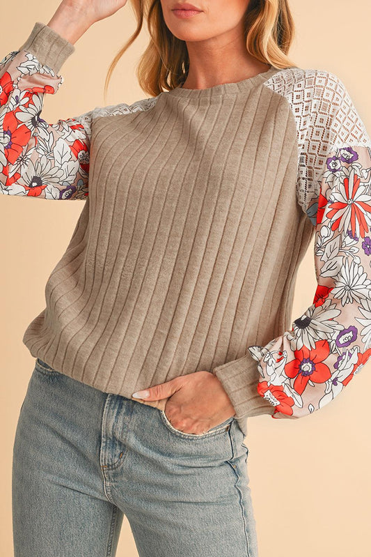 Parchment Floral Patchwork Raglan Sleeve Ribbed Blouse - The Fair Lady Shop