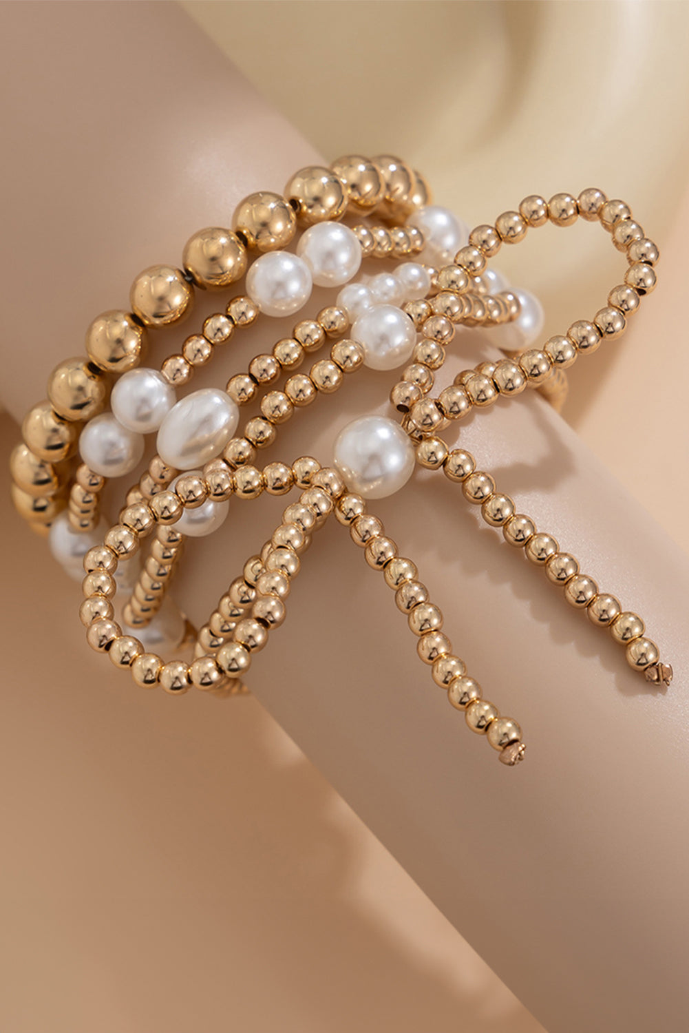 Gold Bow Knot Pearl Beaded Multi Layered Bracelet Set - The Fair Lady Shop