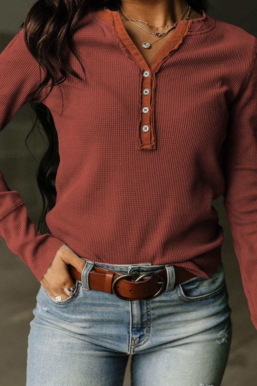 Brown Solid Color Waffle Knit Long Sleeve Henley Shirt - The Fair Lady Shop