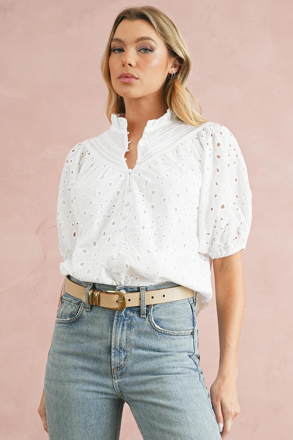 Bonbon Hollow-out Flower Embroidered Short Puff Sleeve Blouse - The Fair Lady Shop