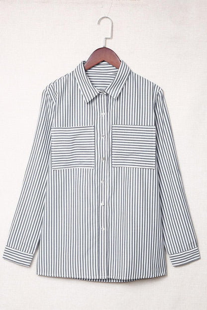 Blue Striped Chic Pockets Roll Up Sleeve Buttons Front Shirt - The Fair Lady Shop