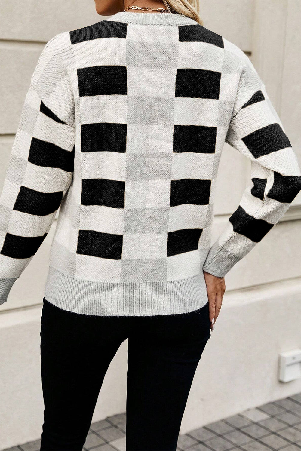 Black Checkered Crew Neck Drop Shoulder Knit Sweater - The Fair Lady Shop