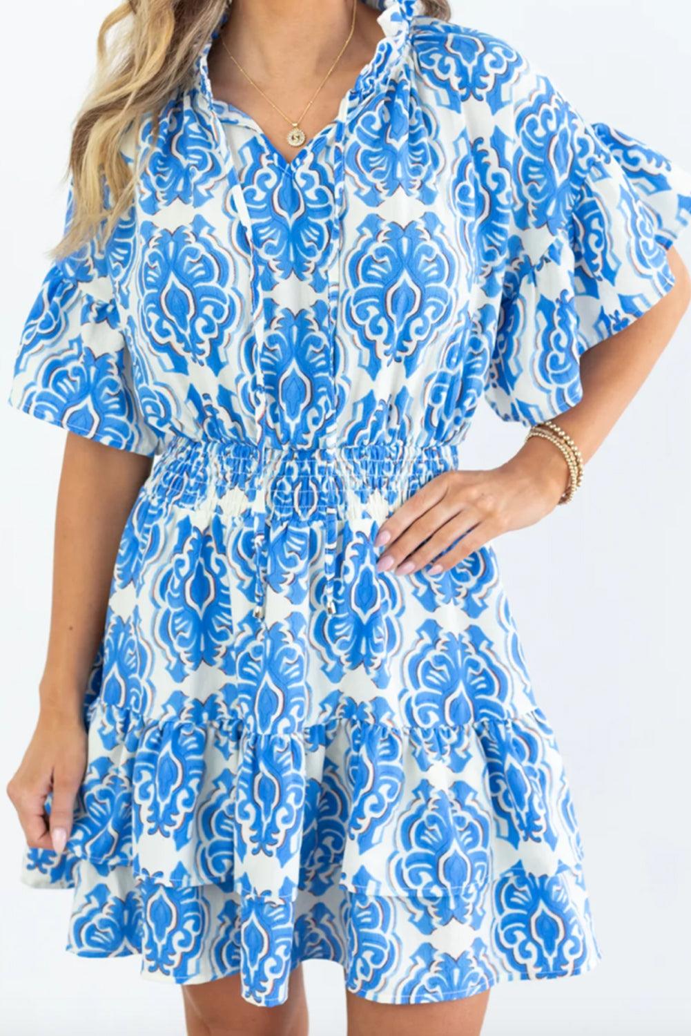 Ashleigh Blue Abstract Print Smocked Waist Tiered Mini Dress - The Fair Lady Shop