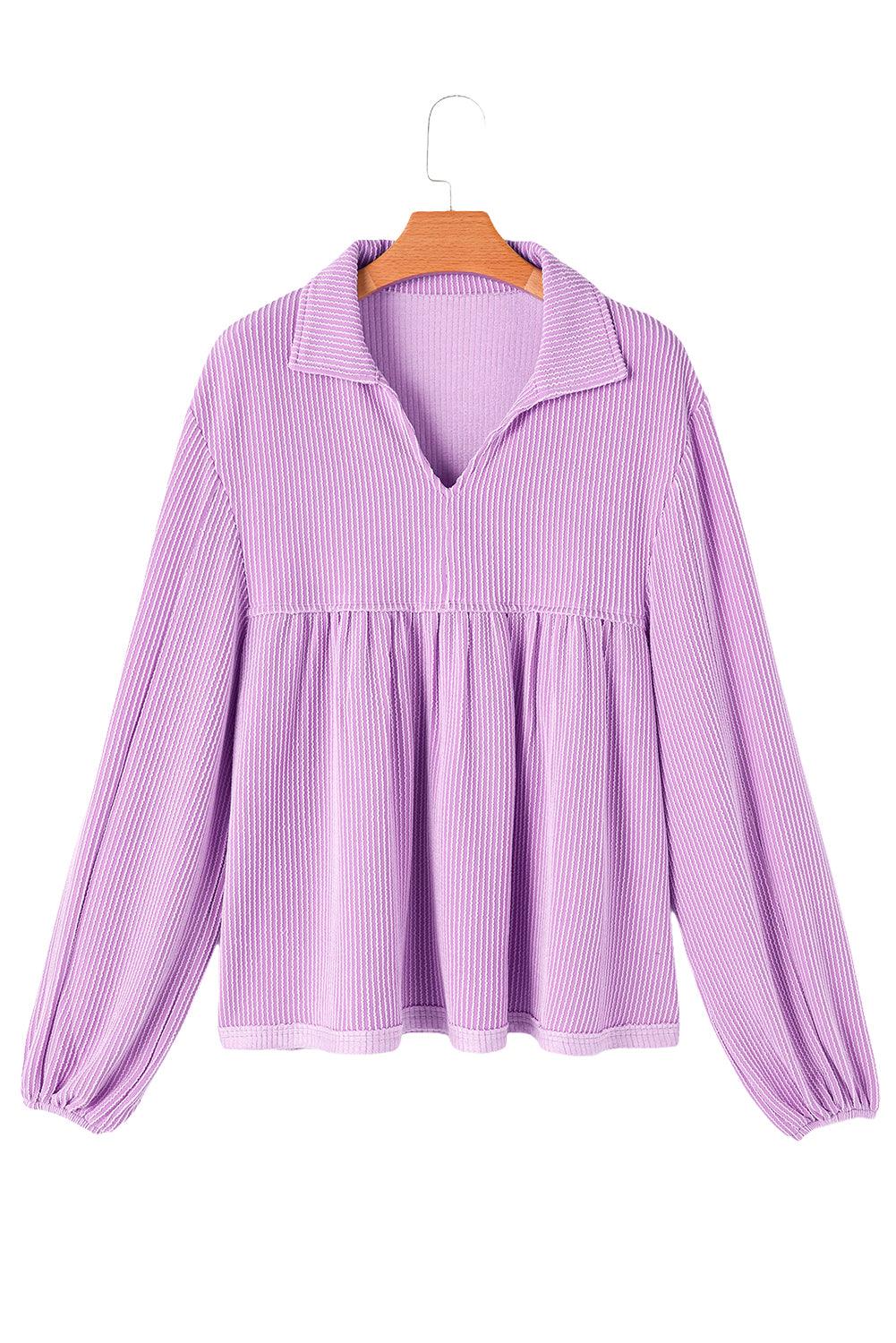 Parchment Corded Turn-down Collar Bubble Sleeve Babydoll Top - The Fair Lady Shop