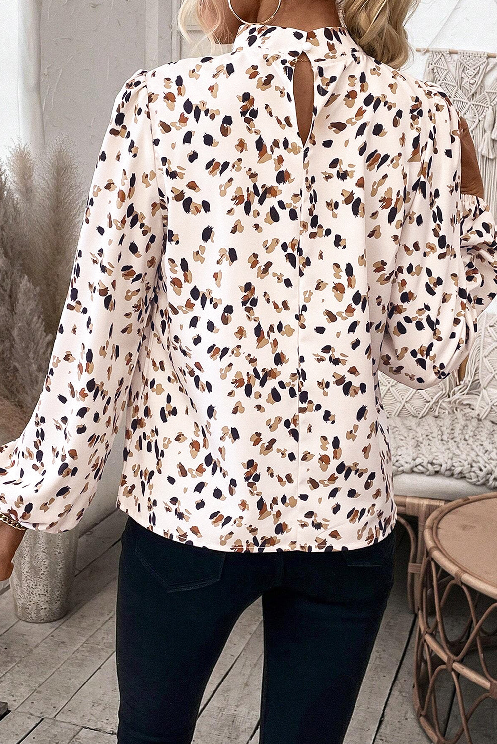 White Leopard Print Puff Sleeve Mock Neck Pleated Blouse - The Fair Lady Shop