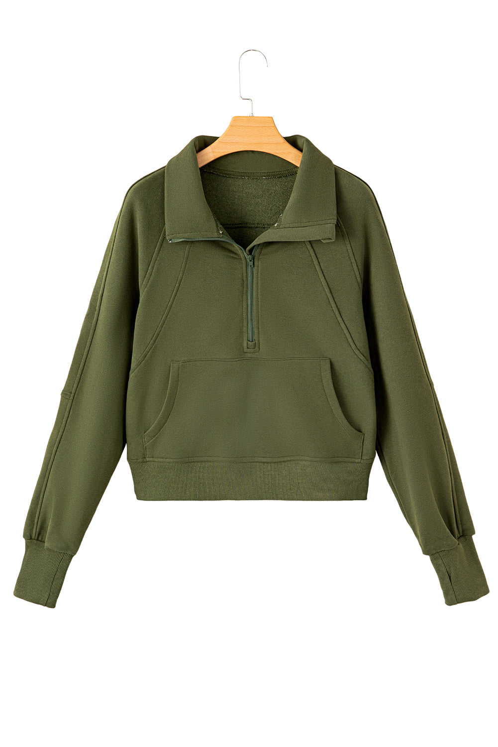 Green Zip Up Stand Collar Ribbed Thumbhole Sleeve Sweatshirt - The Fair Lady Shop