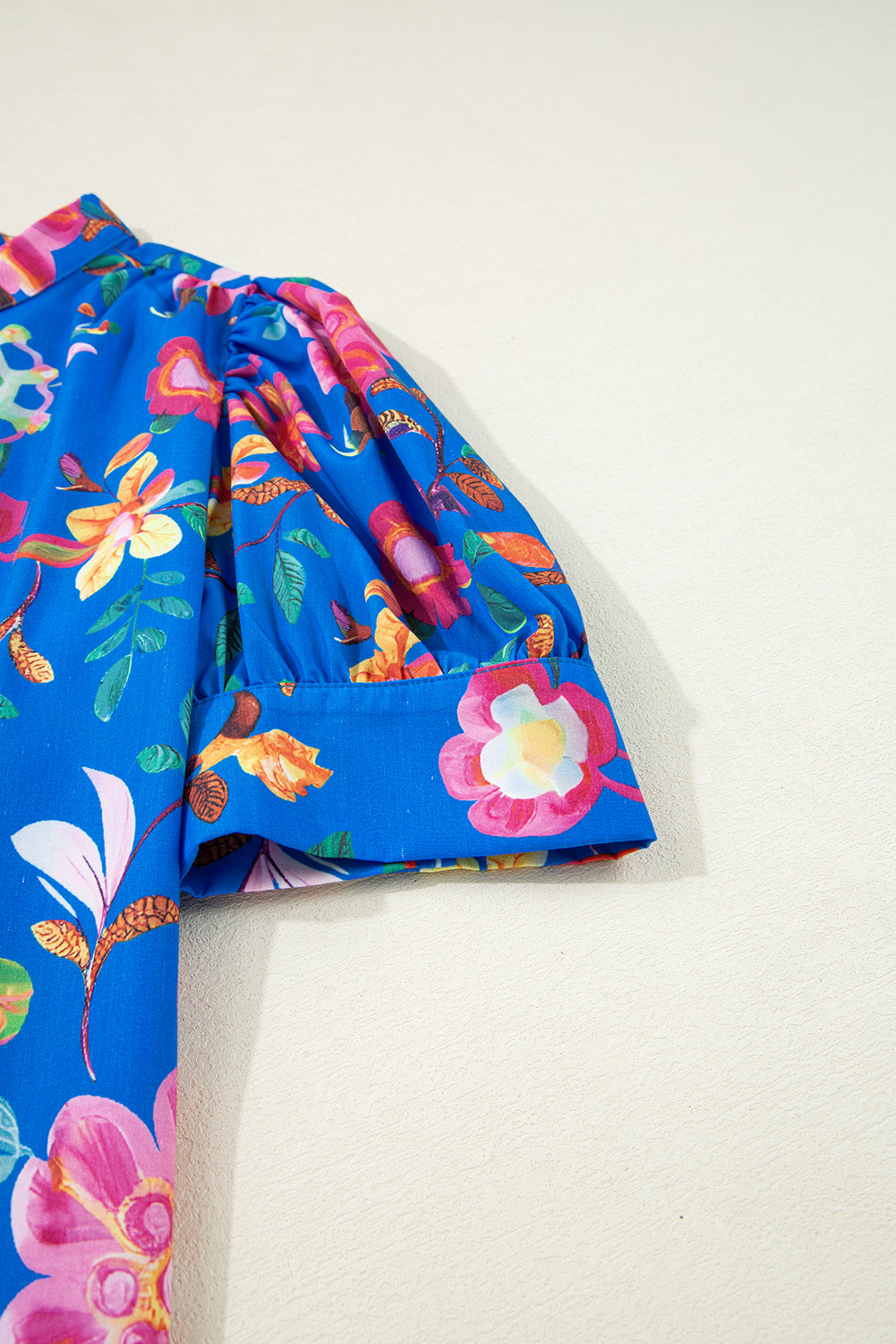 Blue Puff Sleeve Button Up Boho Floral Shirt - The Fair Lady Shop