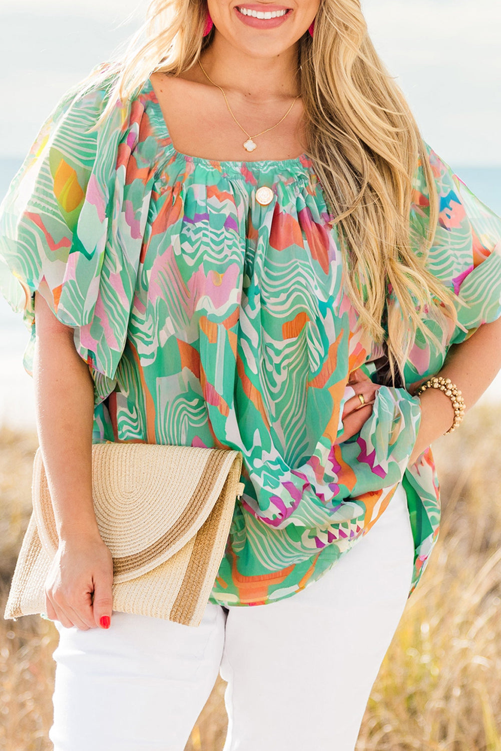 Green Boho Tropical Print Puff Sleeve Loose Plus Blouse - The Fair Lady Shop