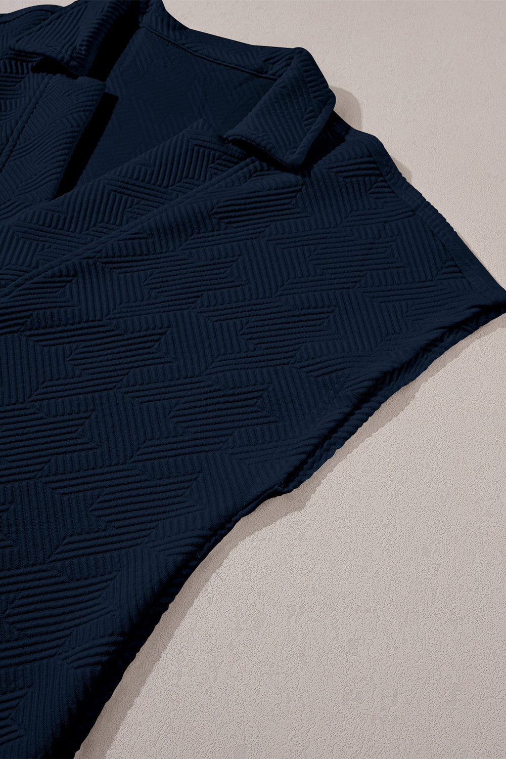 Navy Blue Textured V Neck Collared Slit Hem T Shirt - The Fair Lady Shop