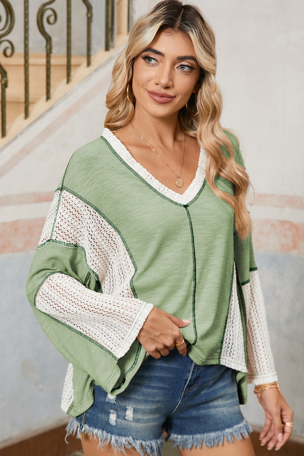 Grass Green Crochet Patchwork Exposed Seam High Low Loose Top - The Fair Lady Shop