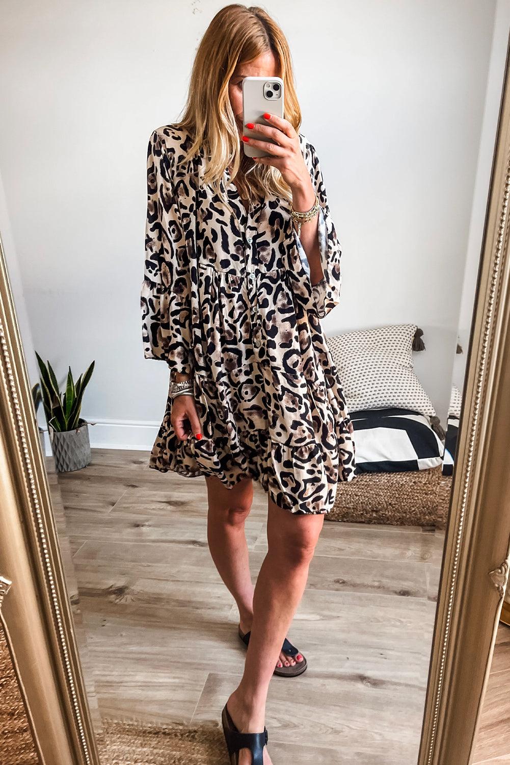 Black Leopard Button V Neck Flowy Mini Dress - The Fair Lady Shop