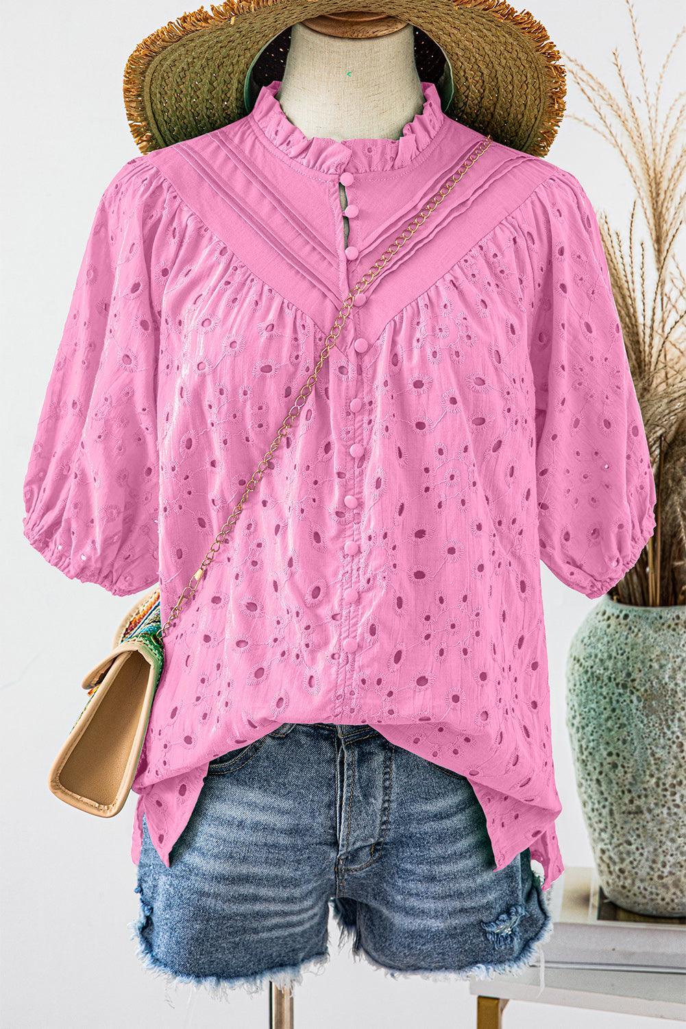 Bonbon Hollow-out Flower Embroidered Short Puff Sleeve Blouse - The Fair Lady Shop