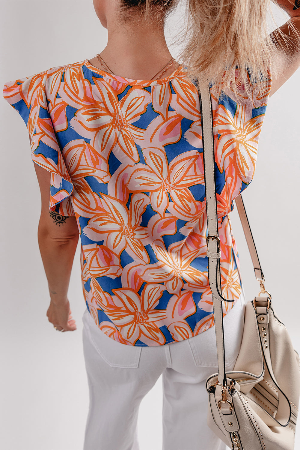 Orange Summer Flower Print Smocked Notched Neck Ruffle Blouse - The Fair Lady Shop