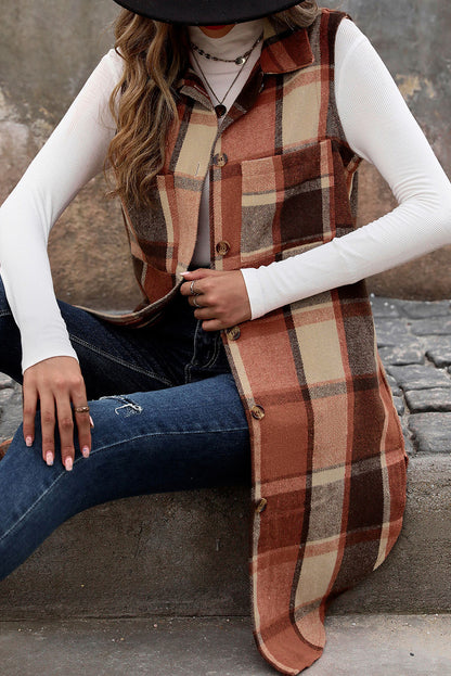 Cinnamon Mid Length Sleeveless Plaid Vest Jacket - The Fair Lady Shop