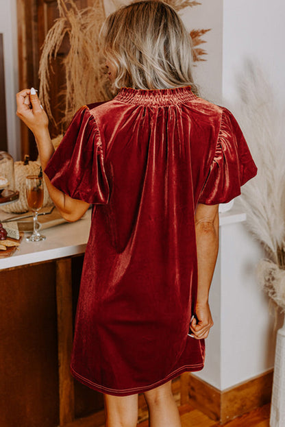 Cinnamon Velvet Smocked Neckline Puff Sleeve Shift Mini Dress - The Fair Lady Shop