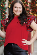 Racing Red Plaid Pearl Ruffled Sleeve Knitted Christmas Holiday Plus Size Top