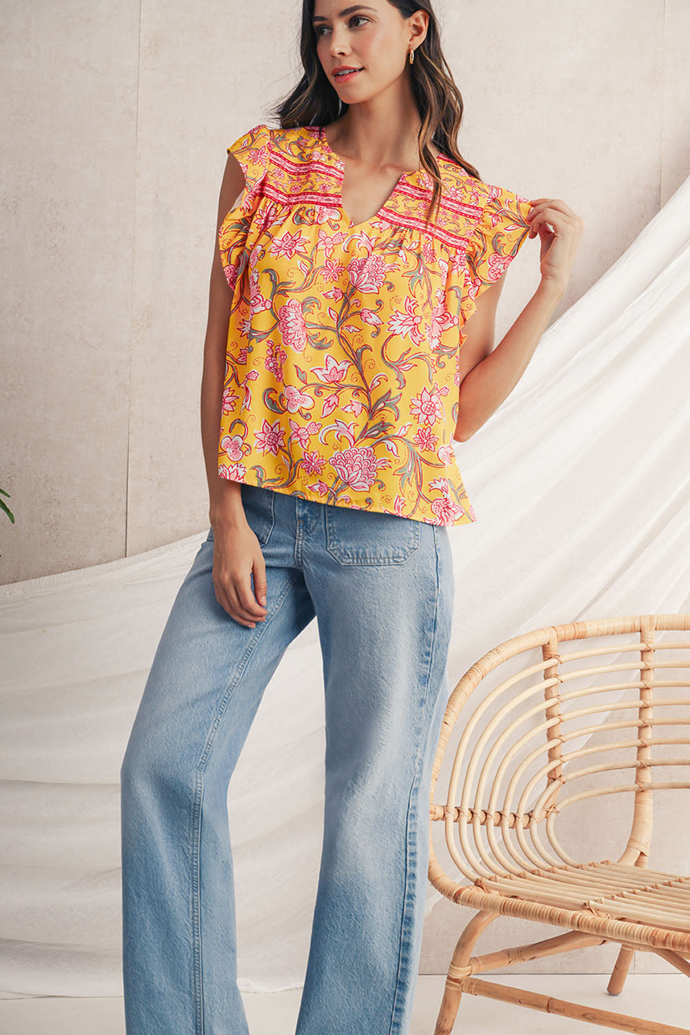 Yellow Floral Ruffle Shoulder V Neck Flowy Blouse - The Fair Lady Shop