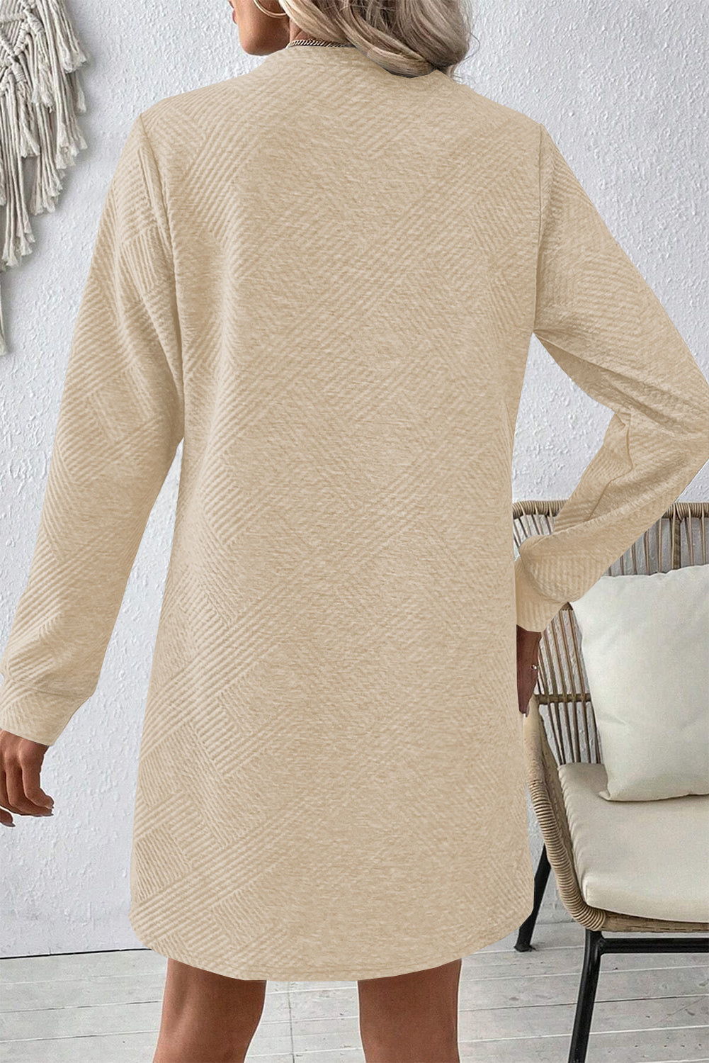 Apricot Plain Textured Long Sleeve Shift Short Dress - The Fair Lady Shop