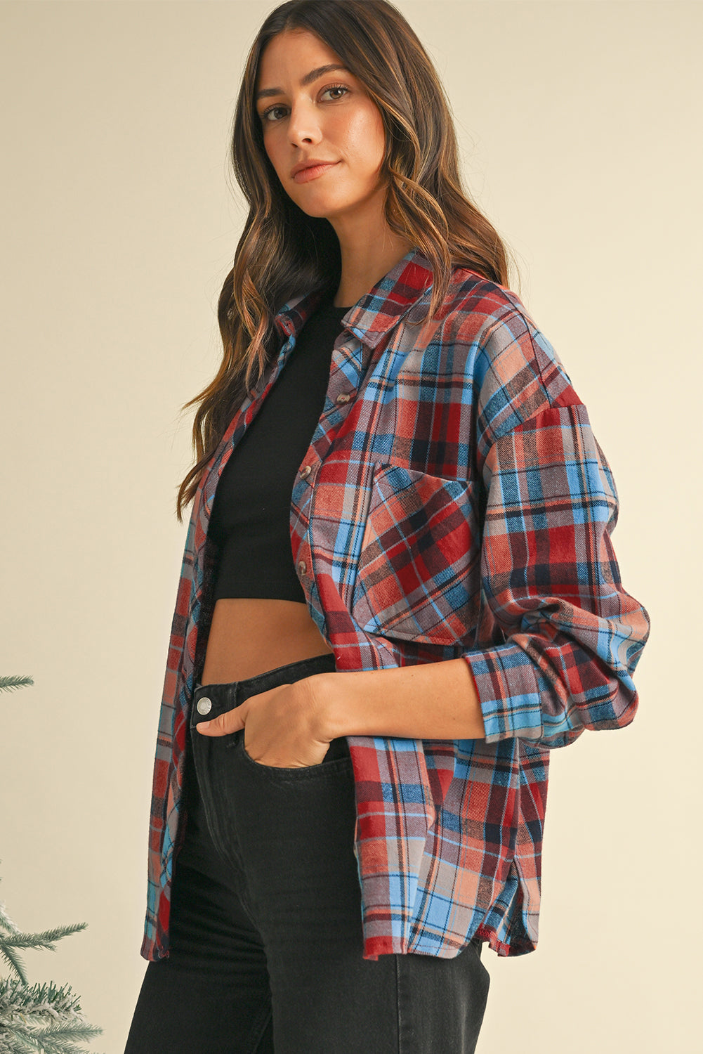 Red Plaid Print Drop Sleeve Loose Shirt - The Fair Lady Shop