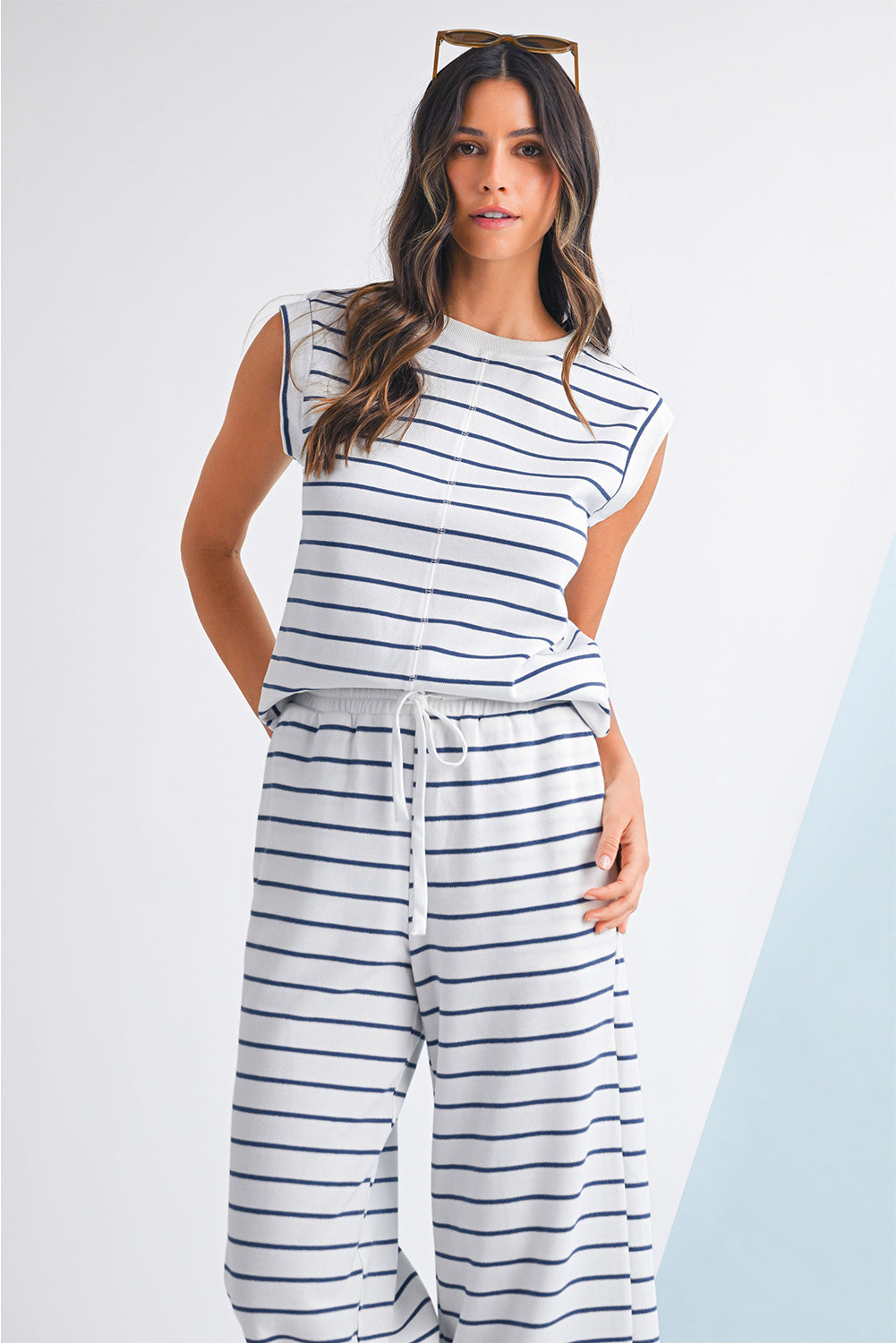 Sail Blue Casual Striped Tee and Wide Leg Pants Set - The Fair Lady Shop