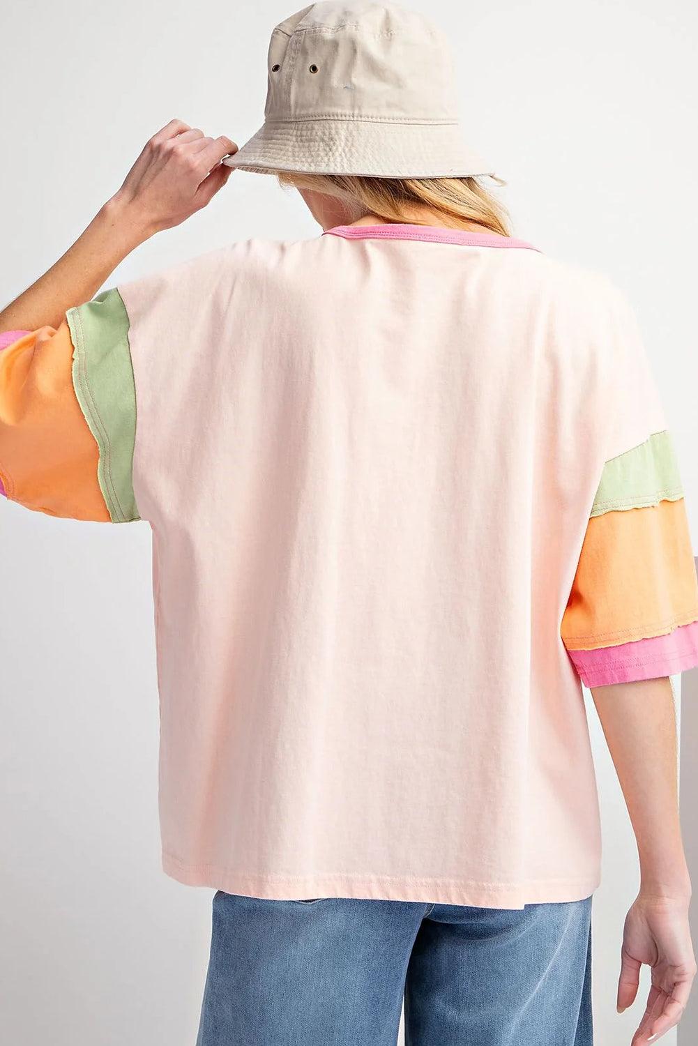 Pink Color Block Sleeve Round Neck Oversize Top - The Fair Lady Shop