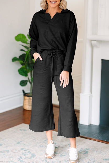 Black Plain Textured Collared V Neck Top and Wide Leg Pants Set - The Fair Lady Shop