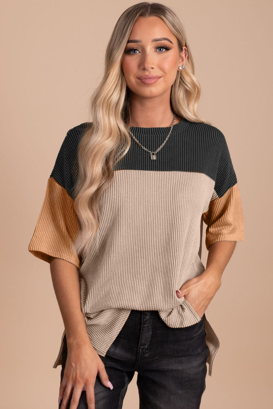 Black Color Block Ribbed Side Slits Half Sleeve Top - The Fair Lady Shop