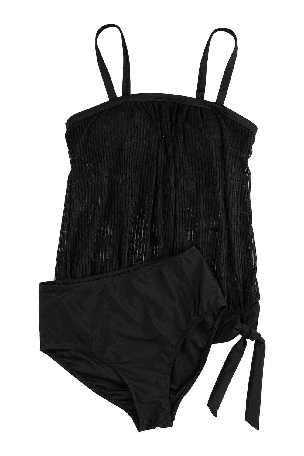 Black Striped Mesh Knotted Hem Tankini Swimsuit - The Fair Lady Shop
