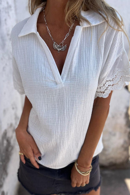 White Crinkled Lace Splicing Sleeve Collared V Neck Blouse - The Fair Lady Shop