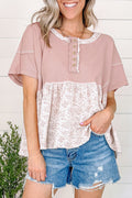Pink Waffle Floral Patchwork Exposed Seam Detail Short Sleeve Top - The Fair Lady Shop