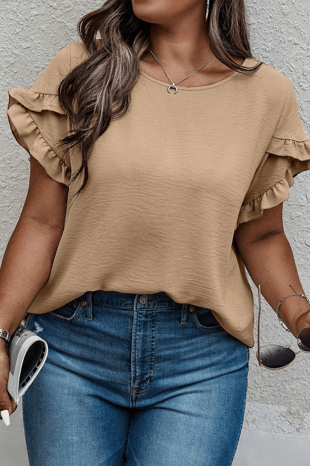 Light French Beige Ruffled Short Sleeve Plus Size Top - The Fair Lady Shop