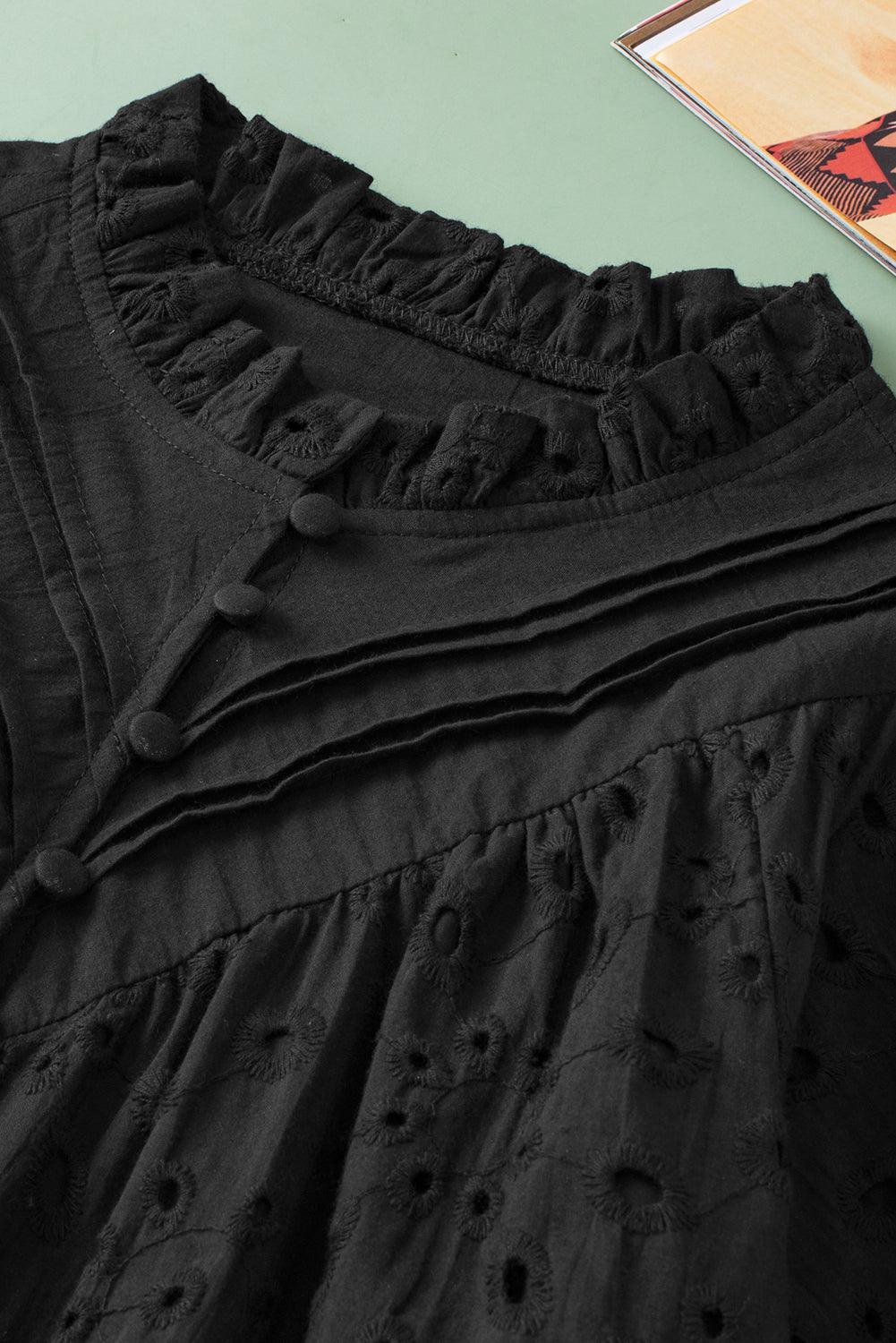 Bonbon Hollow-out Flower Embroidered Short Puff Sleeve Blouse - The Fair Lady Shop