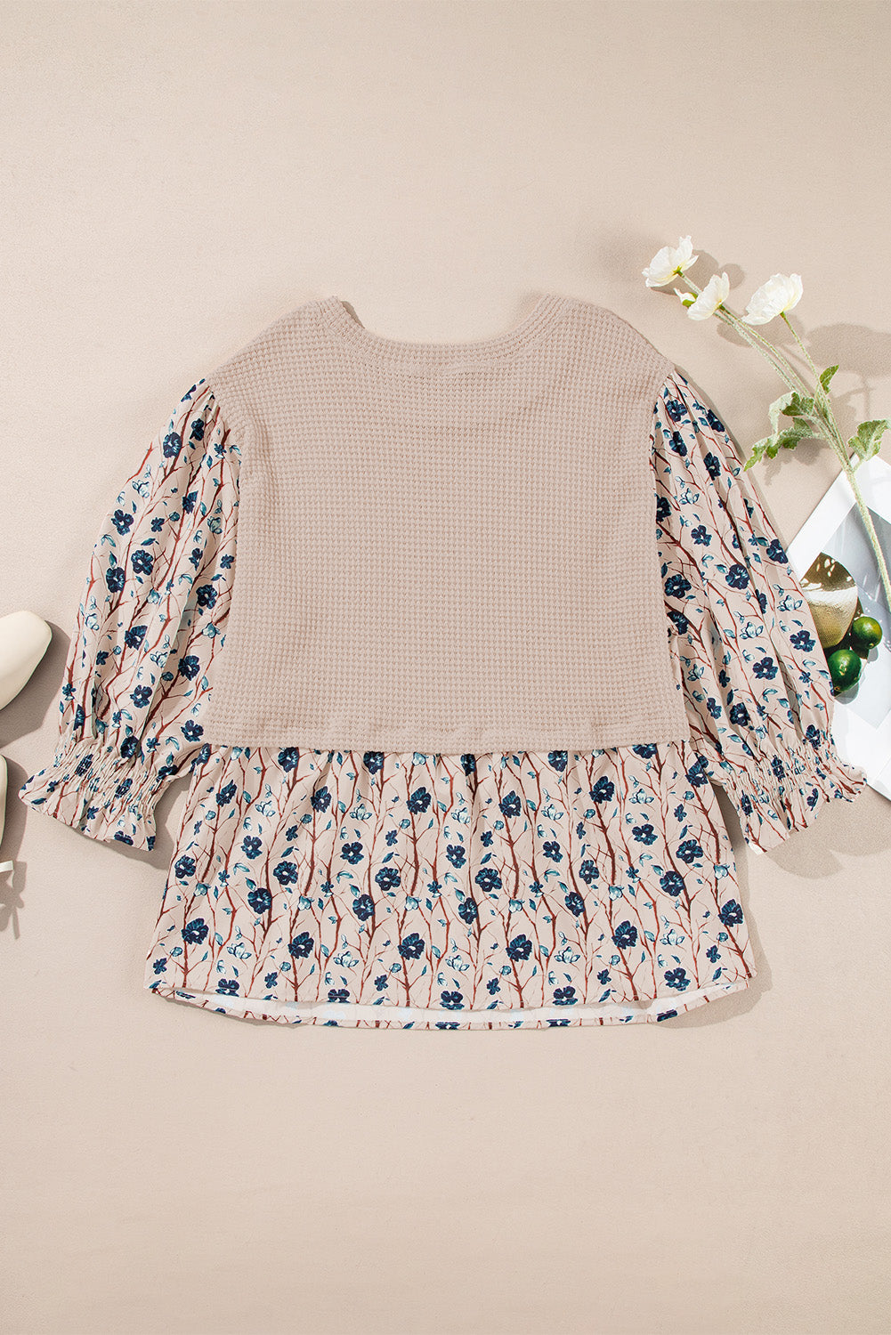 Beige Faux Two Piece Knit Patchwork Floral Plus Size Top - The Fair Lady Shop