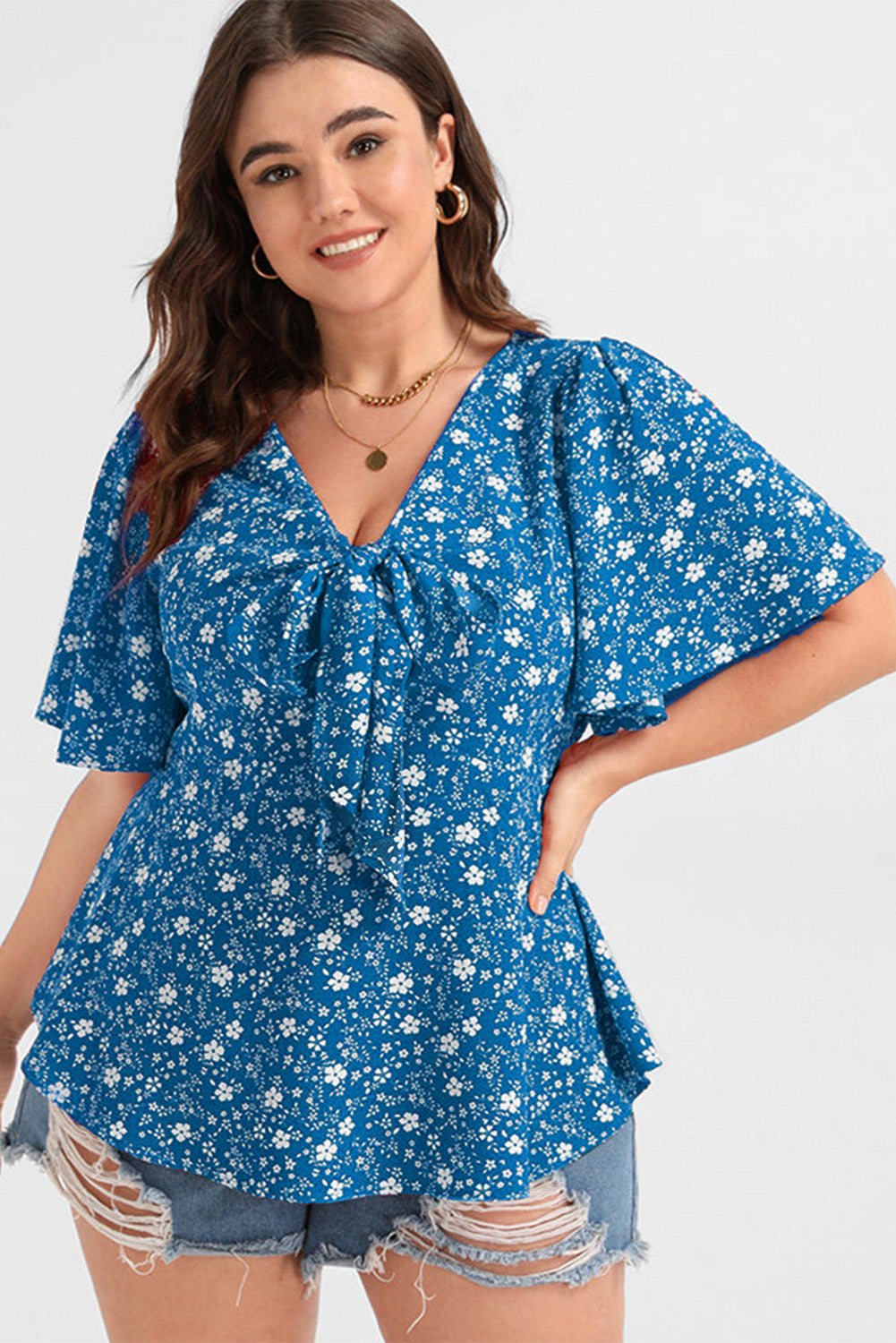 Sky Blue Boho Floral Print Tie V Neck Plus Size Blouse - The Fair Lady Shop