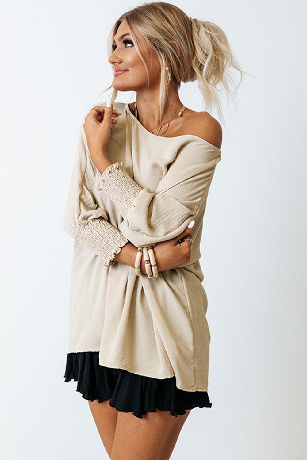 White Plain & Casual Shirred Cuffs Half Sleeve Top - The Fair Lady Shop