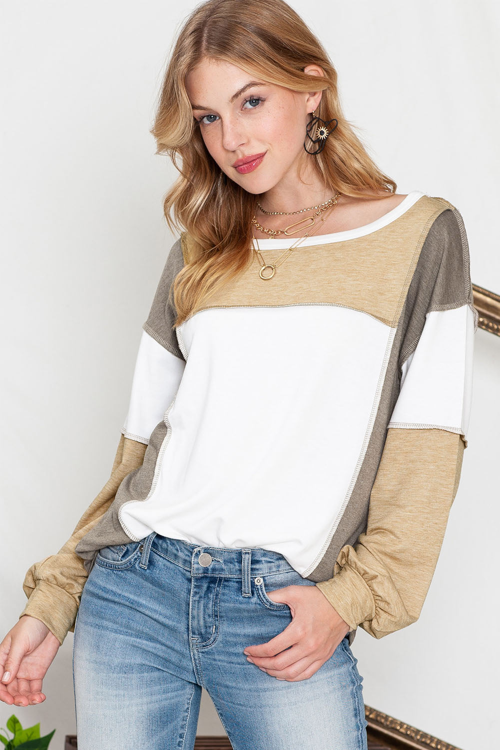 Khaki Color Block Exposed Seam Long Sleeve Top - The Fair Lady Shop