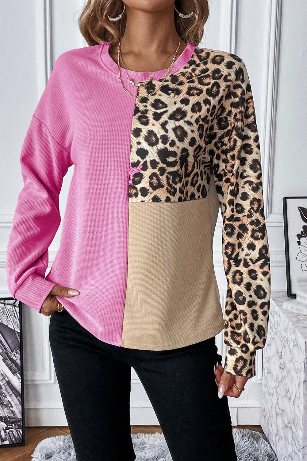 Bonbon Casual Waffle Knit Leopard Contrast Long Sleeve Top - The Fair Lady Shop