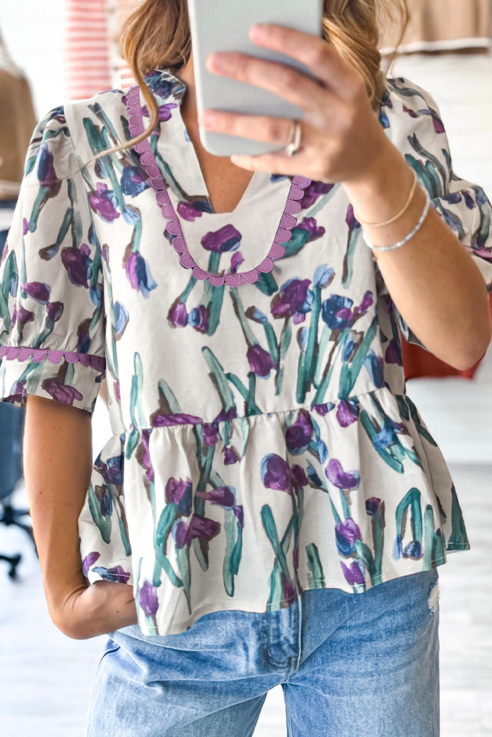 Purple Floral Ricrac Trim Puff Sleeve Peplum Blouse - The Fair Lady Shop