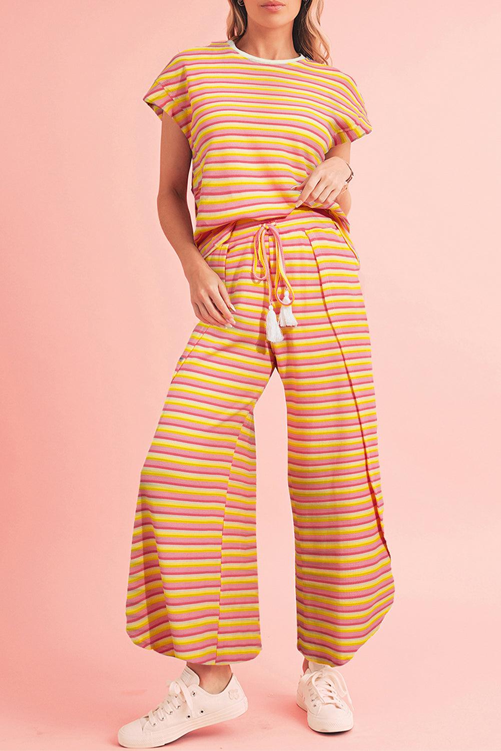Yellow Stripe Rainbow Tee and Tassel Drawstring Wide Leg Pants Set - The Fair Lady Shop