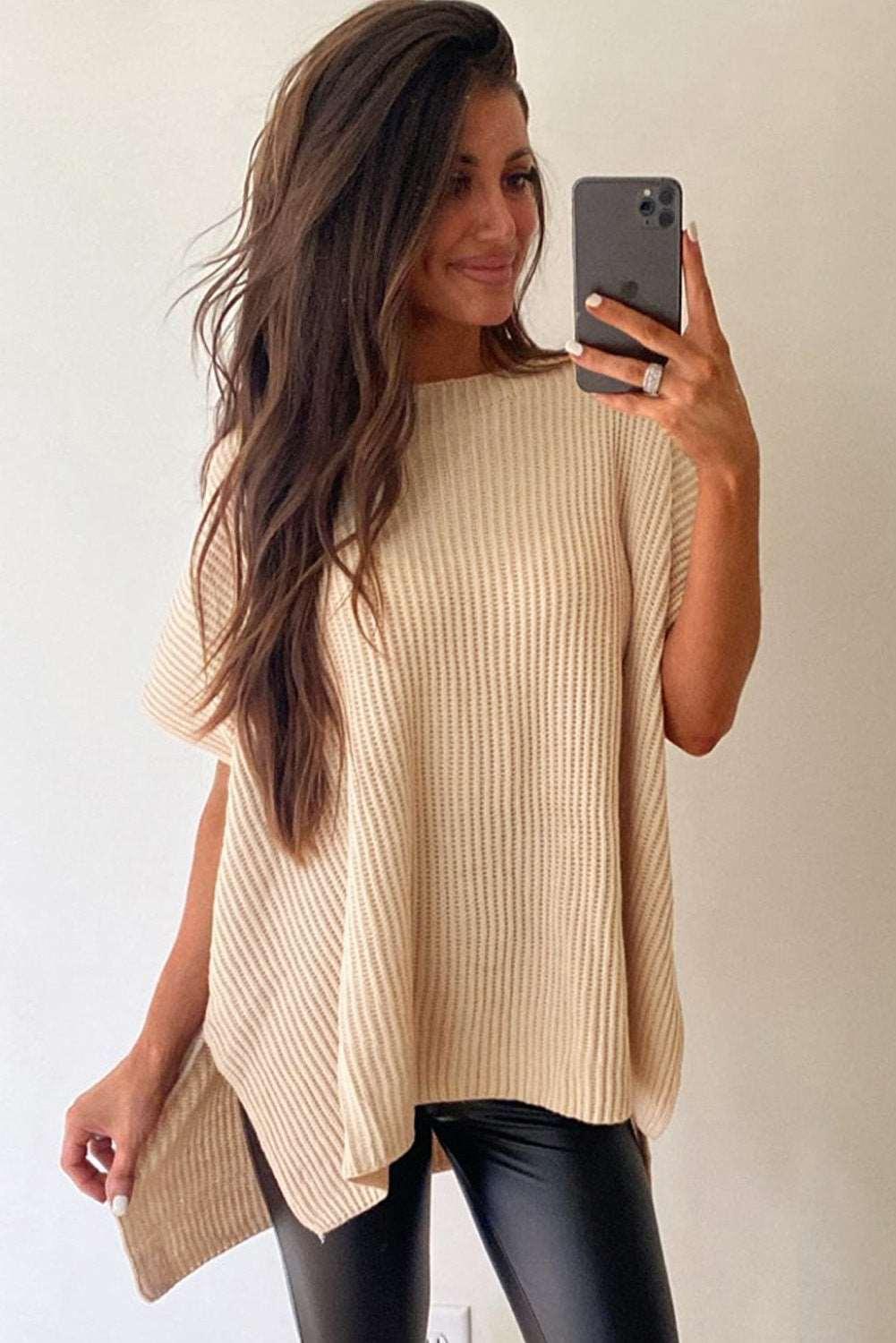 Apricot Side Slit Short Sleeve Oversized Sweater - The Fair Lady Shop