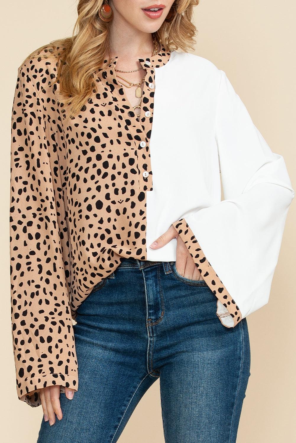 Khaki Leopard and White Patchwork Henley Blouse - The Fair Lady Shop