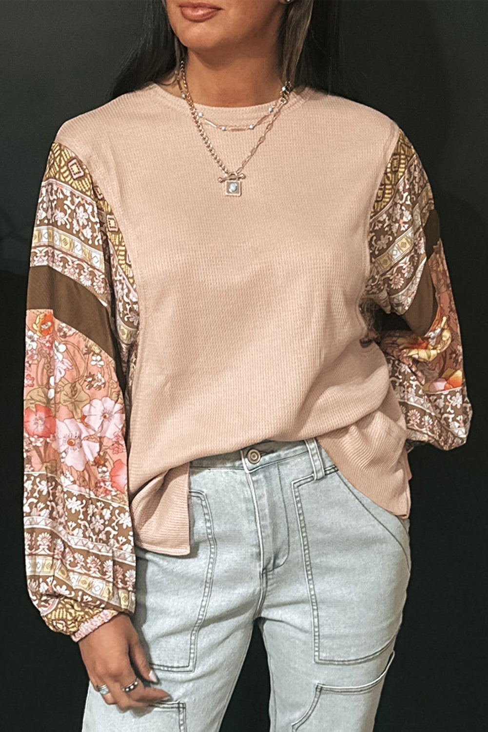 Parchment Floral Patchwork Puff Sleeve Waffle Knit Top - The Fair Lady Shop