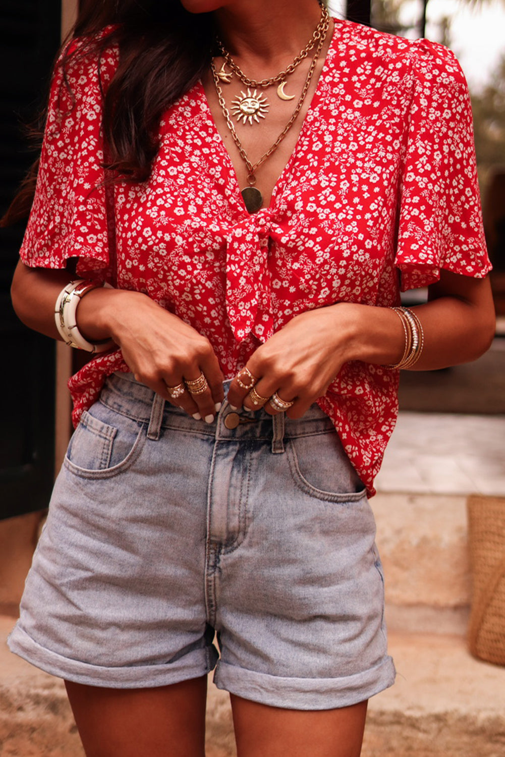 Red Boho Floral Print Half Sleeve Knotted V Neck Blouse - The Fair Lady Shop