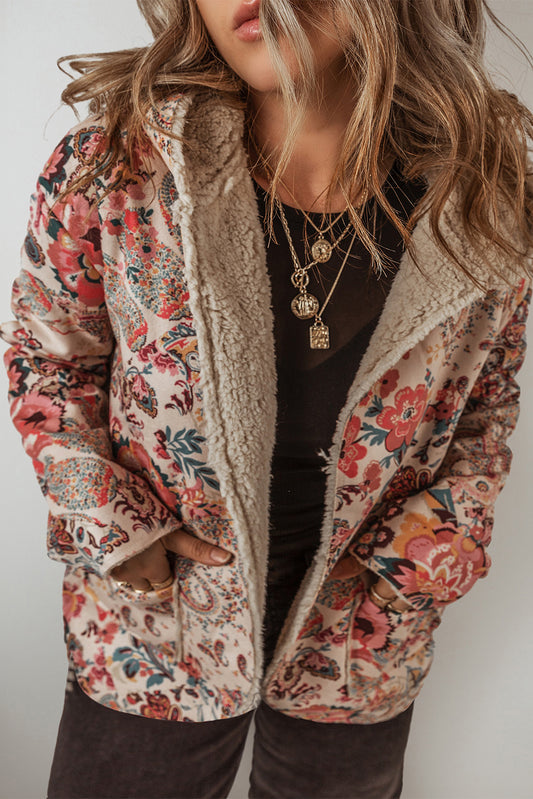 Beige Vintage Paisley Floral Printed Sherpa Lined Hooded Jacket - The Fair Lady Shop